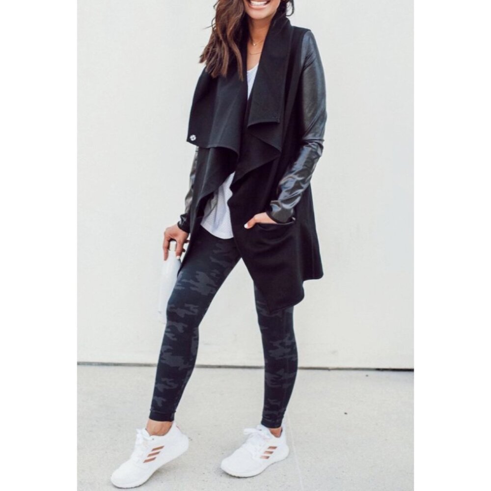 Spanx Faux Leather Drape Front Jacket Very Black Edgy Motorcycle Leather Coat S - Picture 9 of 16